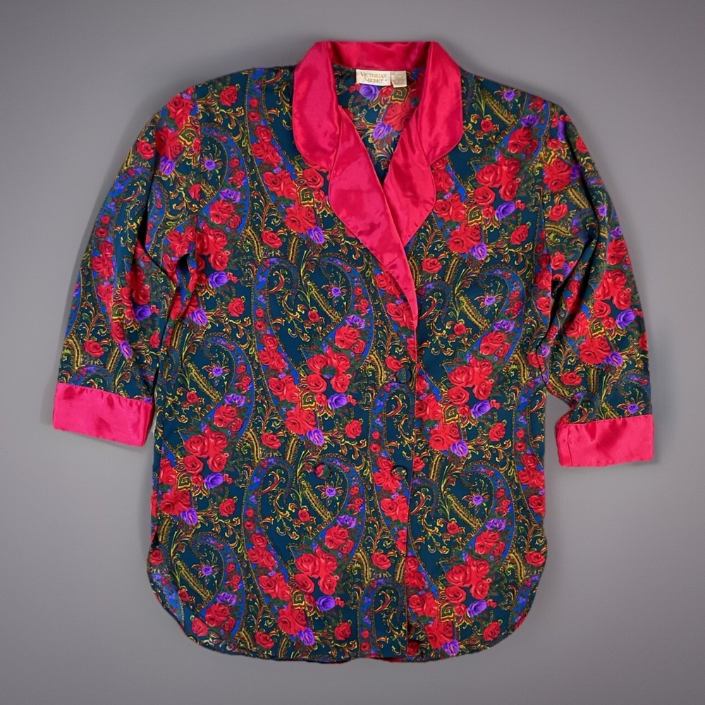 Victorias Secret Robe Womens M Gold Label Floral Satin Double Breasted Vintage - Picture 1 of 11